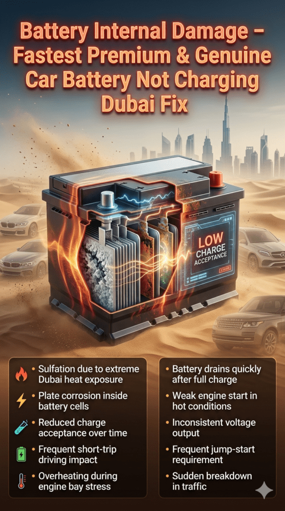 Battery Internal Damage Dubai โ Sulfation, Corrosion & Charge Loss Guide Futuristic automotive infographic showing internal car battery damage including sulfation, plate corrosion, and reduced charge acceptance in a cutaway battery design under Dubai heat conditions.