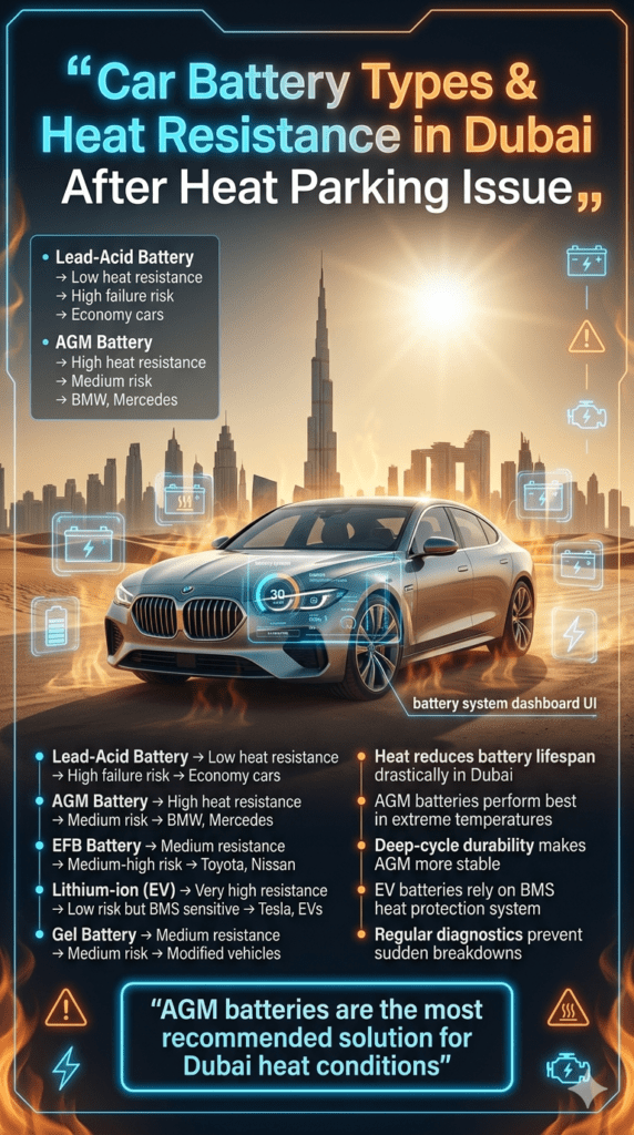 Infographic showing different car battery types and their heat resistance levels in Dubai extreme heat conditions with solutions for heat-related battery failure.