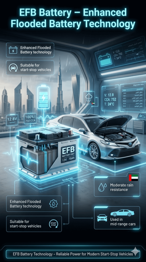 EFB Battery Technology Guide for Start-Stop Vehicles in Dubai UAE High-tech infographic showing EFB battery (Enhanced Flooded Battery) used in start-stop vehicles with mid-range car, highlighting moderate rain resistance and automotive energy system.
