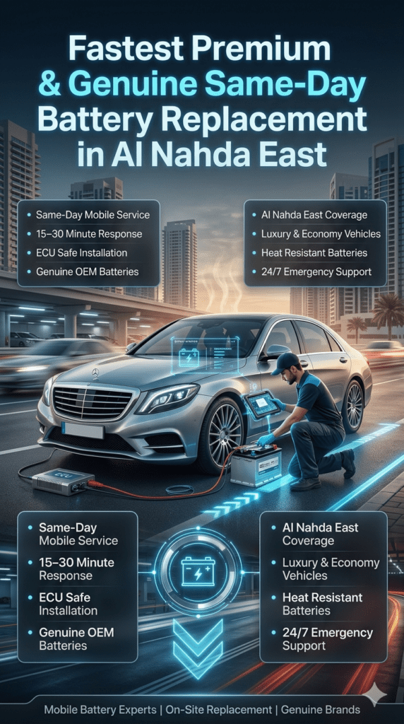 Luxury infographic showing fast same-day car battery replacement service in Al Nahda East with a technician installing a battery in a premium car using diagnostic tools and ECU protection system.