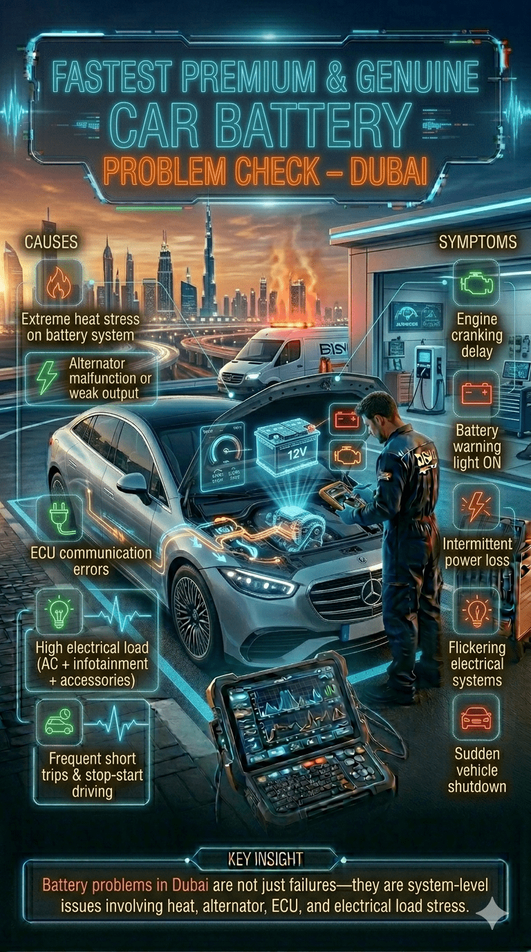 Luxury car battery problem diagnostic scene in Dubai showing mobile technician scanning battery and alternator system with holographic warning indicators, heat stress effects, and electrical fault analysis.