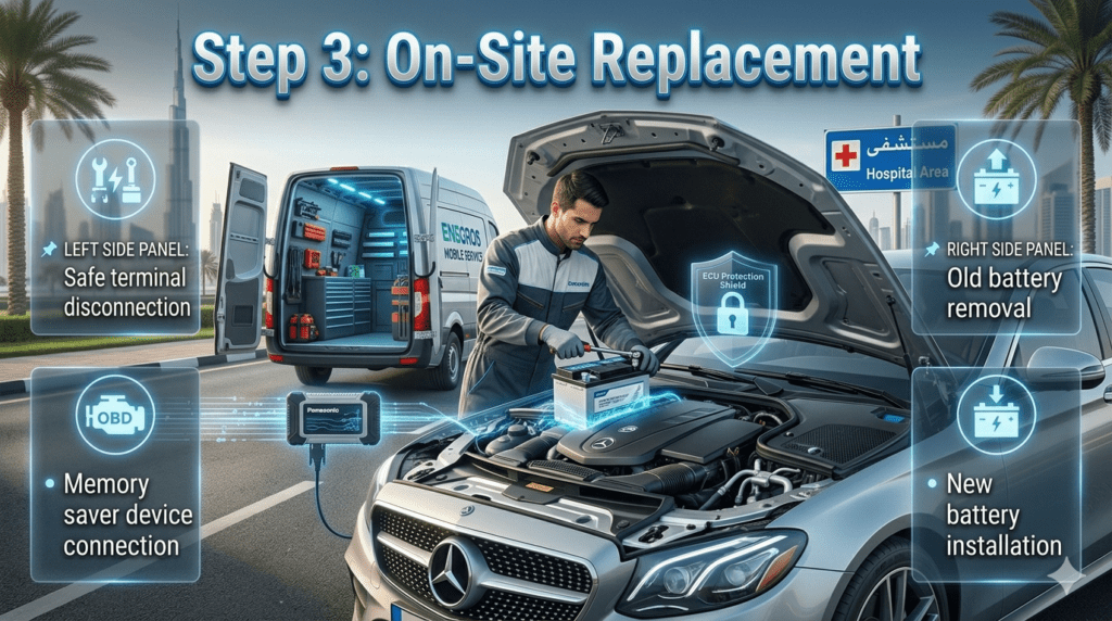 Infographic showing on-site car battery replacement process with technician safely disconnecting terminals, using memory saver device, removing old battery, and installing new battery beside a luxury car in UAE.