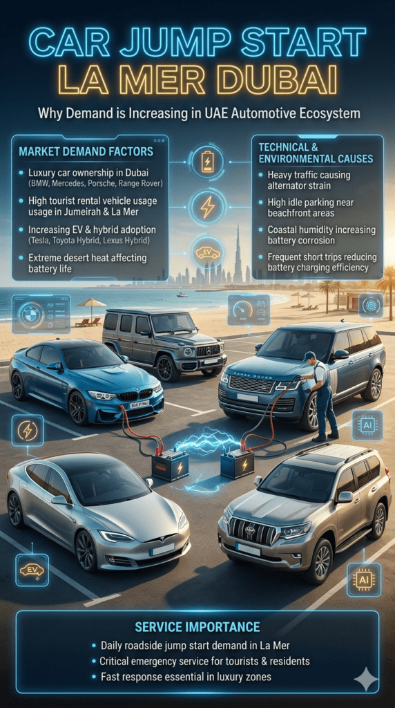 Luxury automotive infographic showing car jump start service at La Mer Dubai with multiple vehicles including luxury cars, EVs, and rental SUVs, surrounded by futuristic side panels explaining market demand factors such as climate, tourism, traffic, and battery issues in a premium cinematic style.