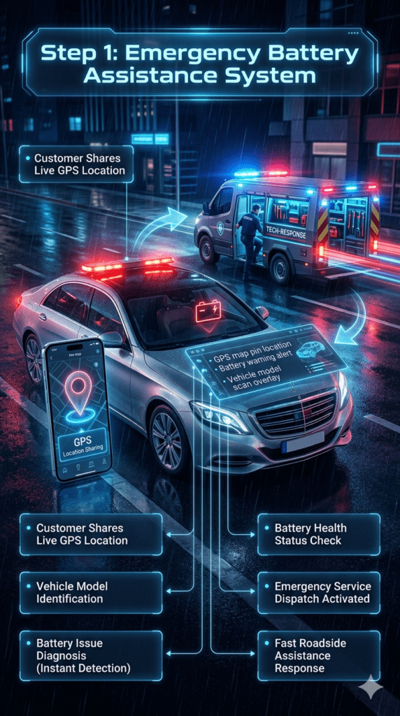Emergency car battery assistance system showing GPS location sharing, vehicle identification, and battery issue detection with roadside support.