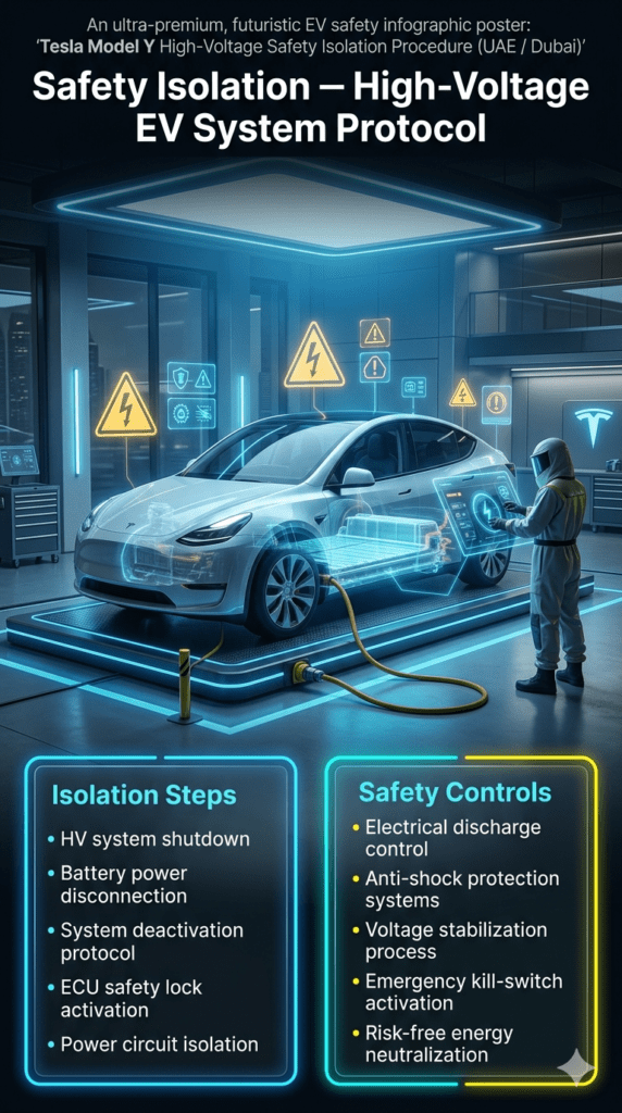 Tesla Model Y High-Voltage Safety Isolation Procedure β EV Workshop UAE Guide Tesla Model Y high-voltage safety isolation process in EV workshop showing system shutdown, grounding, and electrical discharge control in futuristic Dubai setting.
