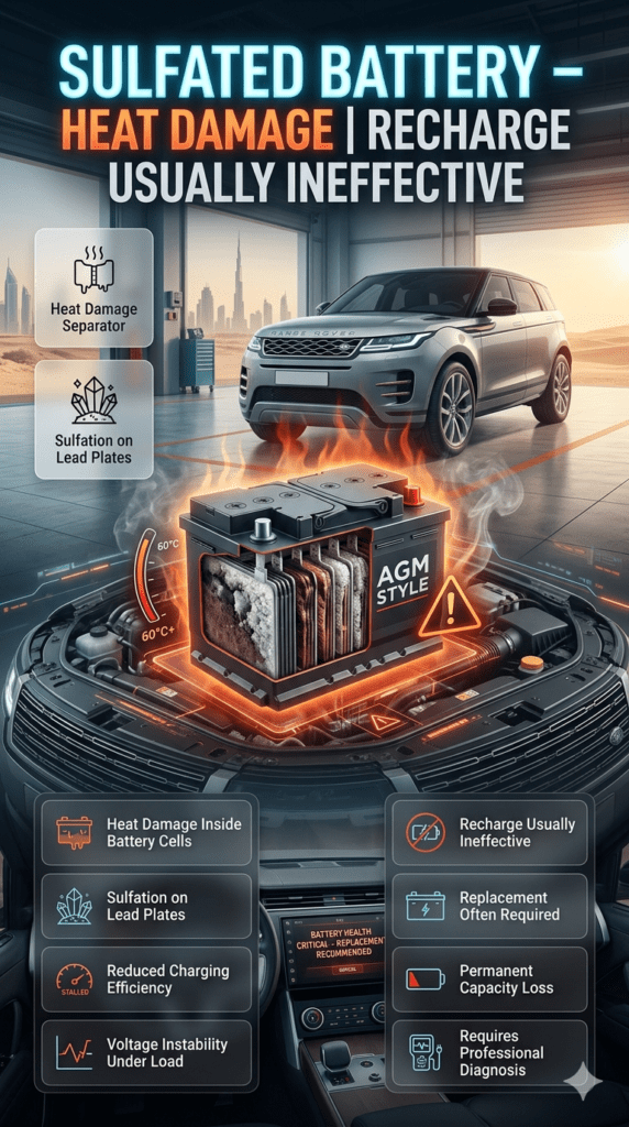 Infographic showing sulfated car battery heat damage with recharge usually ineffective warning in modern automotive diagnostic style.