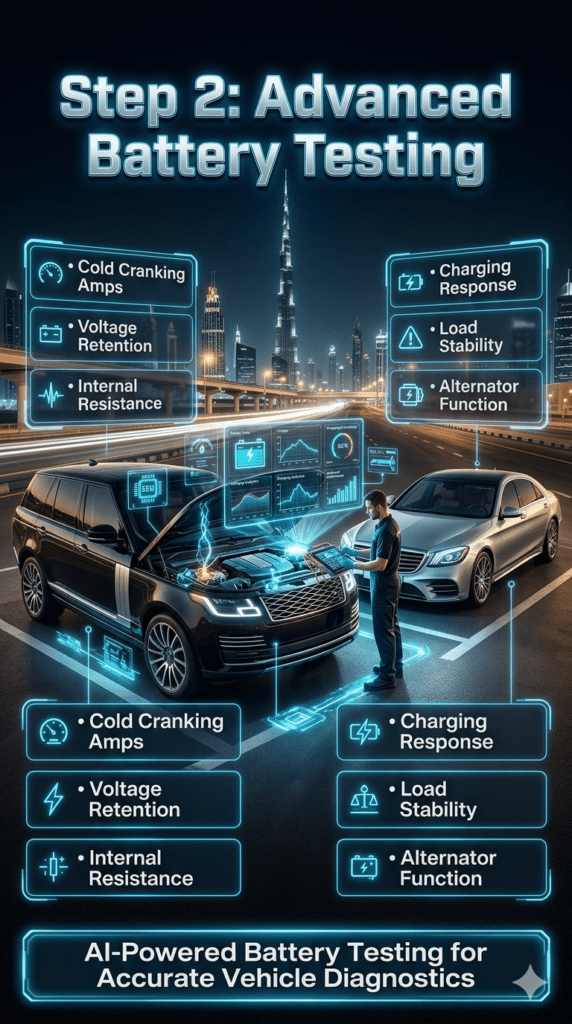 Advanced battery testing in Dubai showing AI-powered digital analyzer, cold cranking amp diagnostics, voltage retention testing, alternator analysis, and luxury roadside assistance.