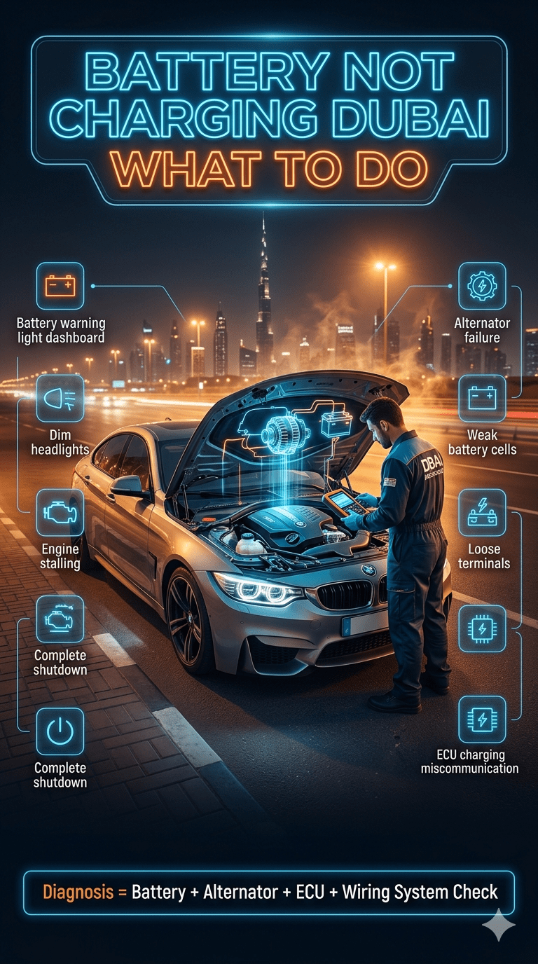 Luxury car battery diagnostic scene in Dubai showing mobile mechanic inspecting alternator with digital scanner, explaining battery not charging causes and symptoms in extreme heat roadside breakdown situation.