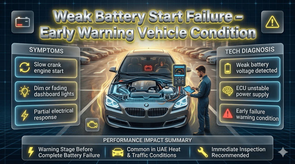 Futuristic automotive infographic showing weak battery start failure in Dubai with slow crank engine, dim dashboard lights, and partial electrical response in luxury vehicle diagnostic system.