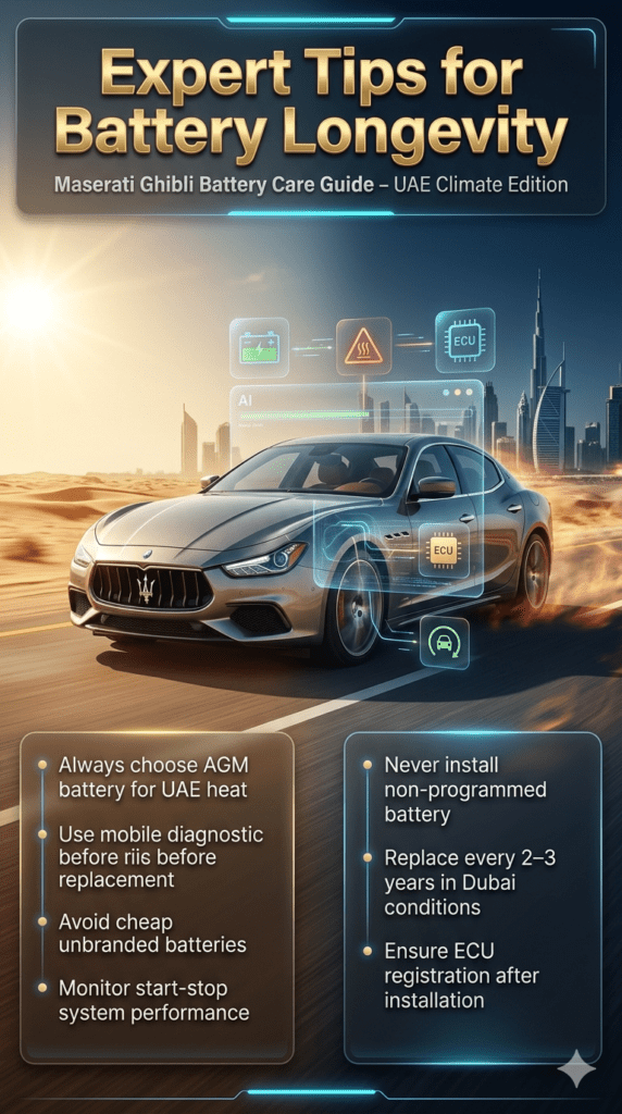 Expert tips for Maserati Ghibli battery replacement in UAE Dubai showing battery longevity advice including AGM usage ECU programming and maintenance recommendations