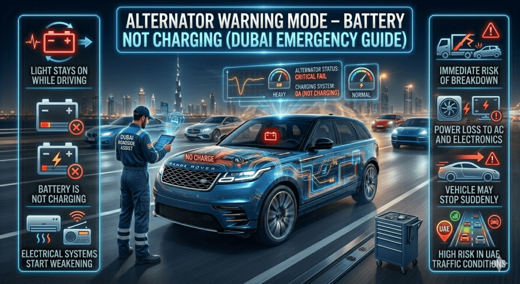Luxury automotive infographic showing alternator warning mode in Dubai, with premium car driving on highway, battery warning light ON, AI diagnostic overlay indicating no charging system, and side panels explaining breakdown risk.