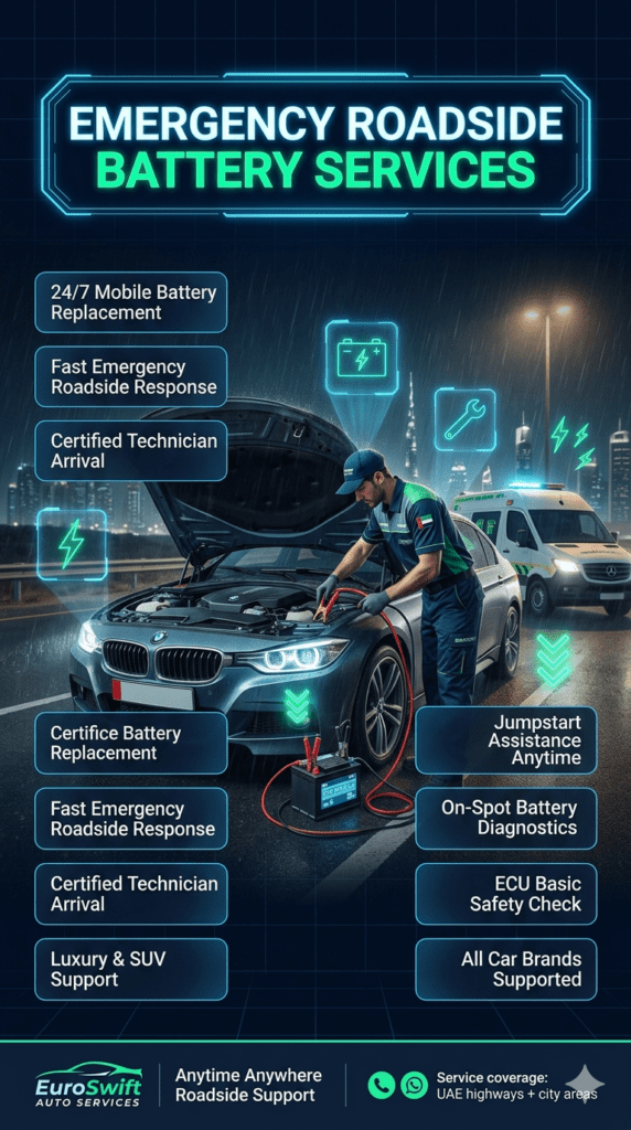 Emergency roadside battery service poster showing a luxury car with jumpstart assistance, mobile battery replacement, and on-spot diagnostics in a modern cinematic layout.