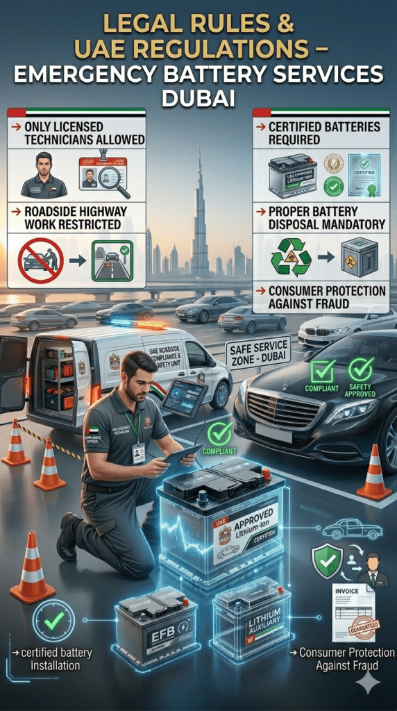 Dubai emergency car battery service showing licensed technician performing compliant roadside battery replacement under UAE regulations.