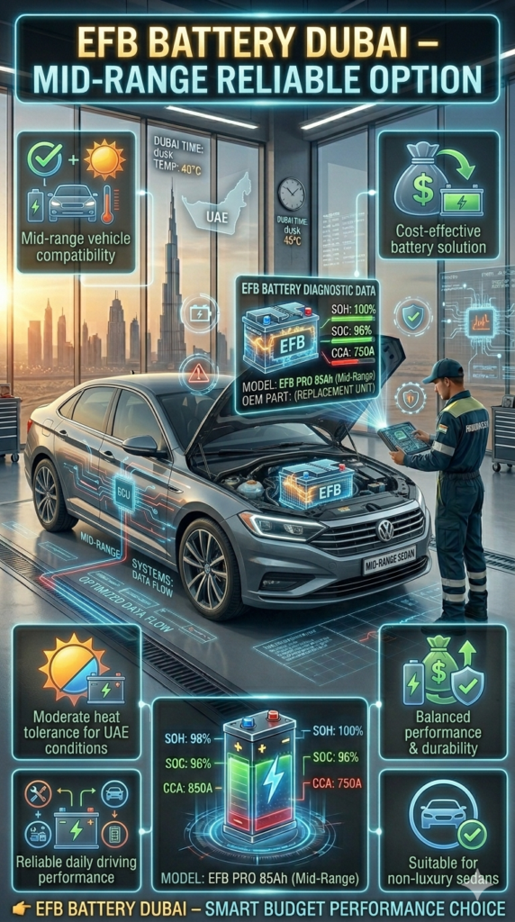 Premium infographic showing EFB Battery Dubai for mid-range vehicles with modern car engine bay, highlighting moderate heat tolerance, cost-effectiveness, and reliable performance.