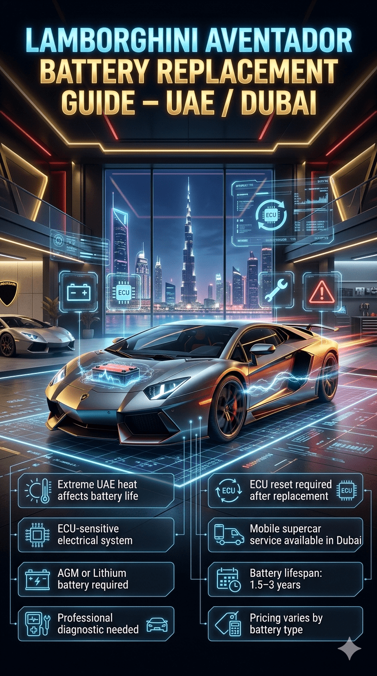 Luxury infographic showing Lamborghini Aventador battery replacement guide in UAE, with supercar in center and technical service points on sides.