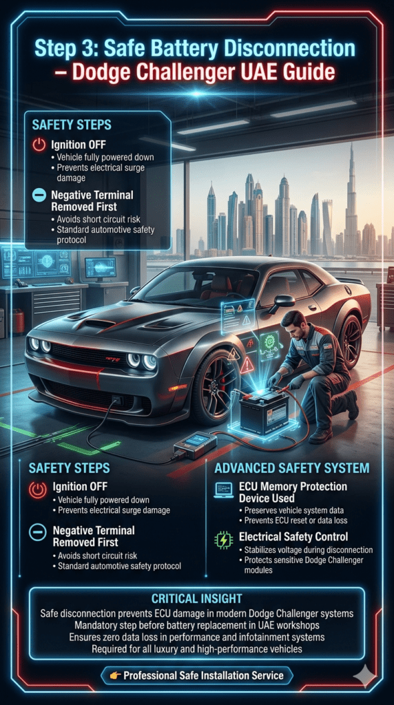 Futuristic Dodge Challenger battery safe disconnection process in Dubai workshop showing ignition off, negative terminal removal, and ECU memory protection device connected for safe installation.