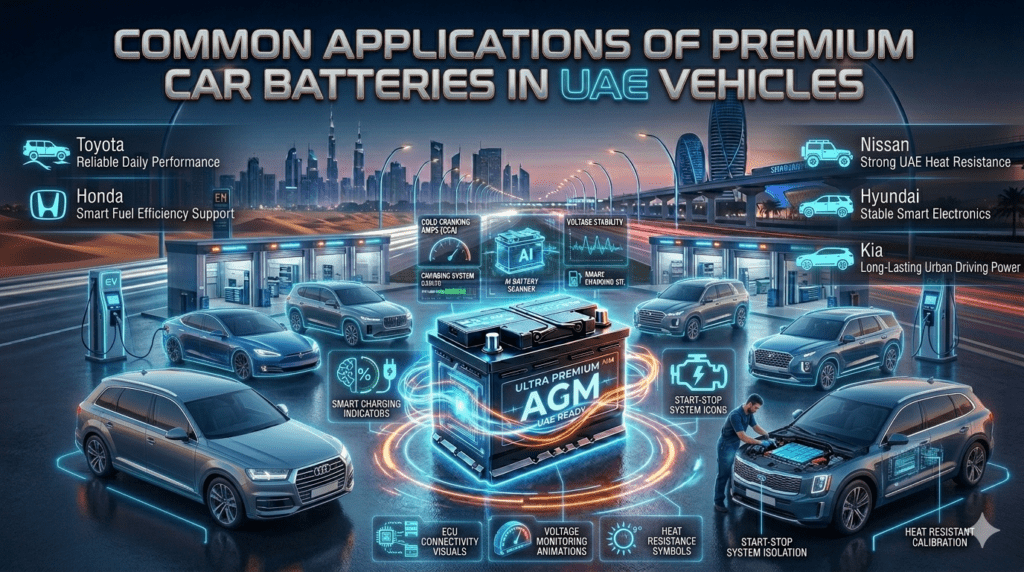 Common Applications of Premium Car Batteries in UAE Vehicles Premium automotive battery infographic showing Toyota, Honda, Nissan, Hyundai, and Kia applications with futuristic AI battery diagnostics and UAE automotive styling.