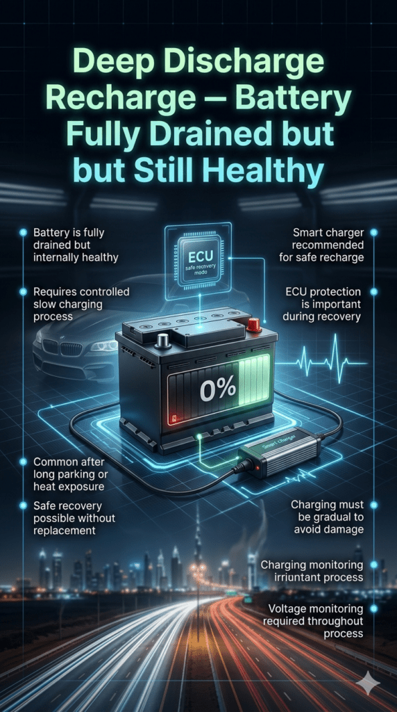 Deep discharge car battery recharge infographic showing fully drained but healthy battery recovery process using smart charging and ECU protection in Dubai automotive service.