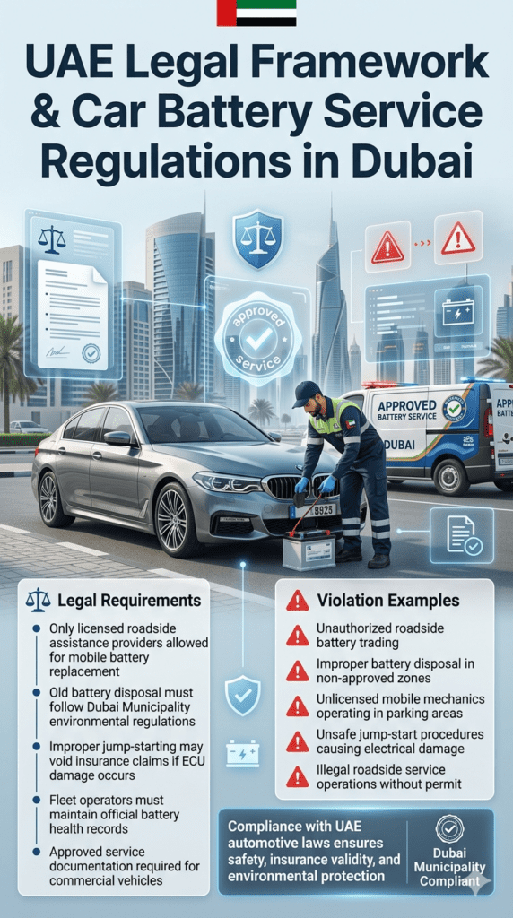 Infographic showing UAE legal regulations for car battery replacement services in Dubai including licensing rules, disposal laws, and violation examples.