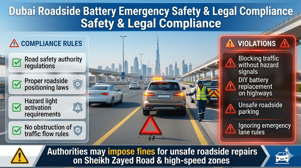 Dubai roadside safety and legal compliance guide for car battery breakdown showing hazard lights warning triangle and traffic violation rules