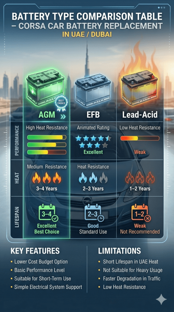 Corsa car battery comparison table showing AGM EFB and lead acid battery types with heat resistance lifespan and performance ratings in UAE Dubai