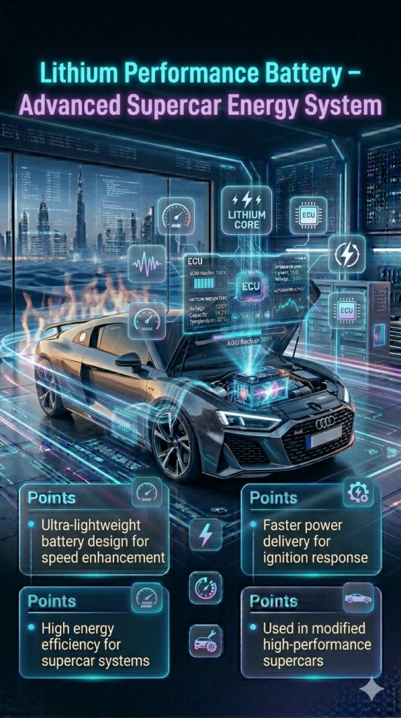 Premium infographic showing lithium performance battery for Audi R8 in UAE, highlighting lightweight design, high energy efficiency, fast power delivery, and use in modified supercars.