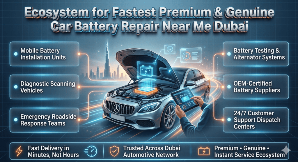 Futuristic Dubai car battery repair ecosystem infographic showing mobile installation, diagnostic vehicles, roadside teams, and OEM battery supply network around a luxury car in neon digital style.