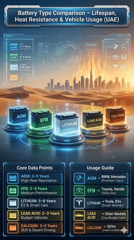 Infographic showing comparison of car battery types including AGM, EFB, Lithium, Lead Acid, and Calcium with lifespan, heat resistance, and vehicle usage in UAE.