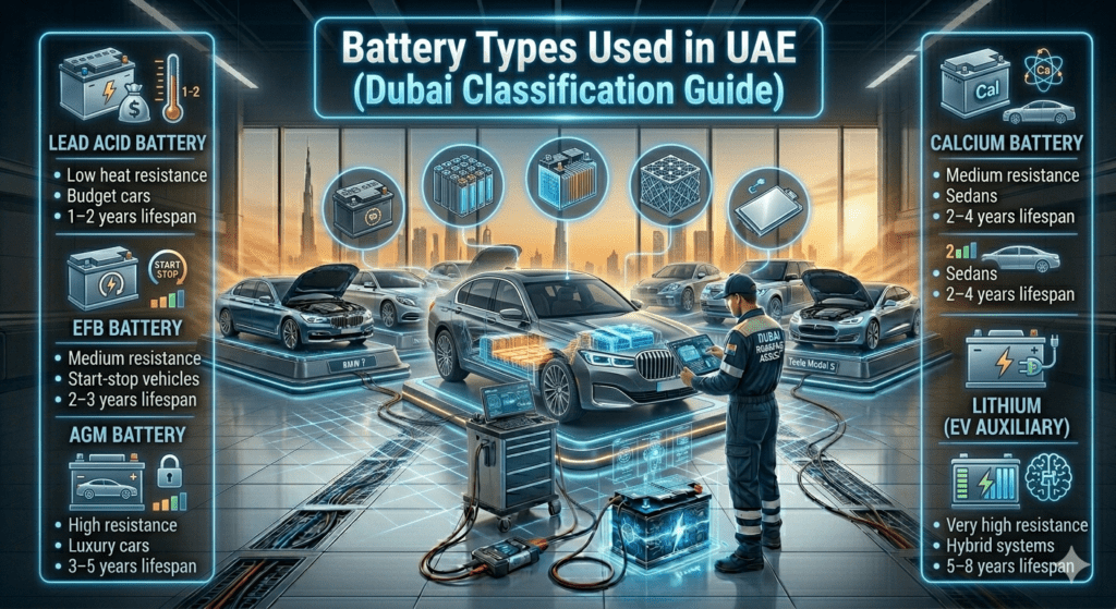 Luxury automotive infographic showing battery types used in UAE, including Lead Acid, EFB, AGM, Calcium, and Lithium batteries with lifespan and heat resistance details, centered around a premium car with Dubai skyline background.