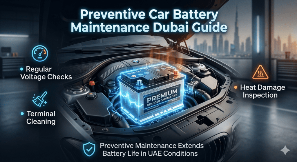 Infographic showing preventive car battery maintenance in Dubai including voltage checks, terminal cleaning, and heat damage inspection with a luxury car engine bay.