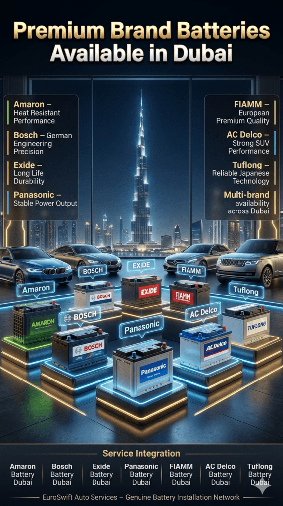 Luxury infographic showing premium car battery brands in Dubai including Amaron, Bosch, Exide, Panasonic, FIAMM, AC Delco, and Tuflong displayed in a high-end showroom with Dubai skyline and luxury vehicles.