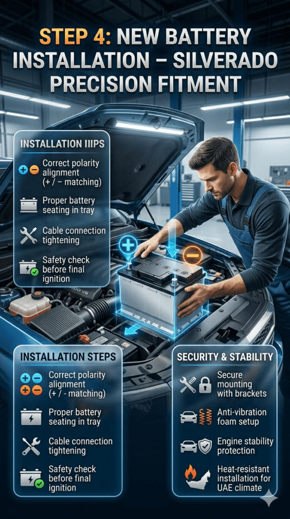 Step 4: New Battery Installation β Chevrolet Silverado (UAE / Dubai Professional Service) Technician installing new battery in Chevrolet Silverado engine bay showing correct polarity alignment, secure mounting, and anti-vibration setup in a Dubai workshop.