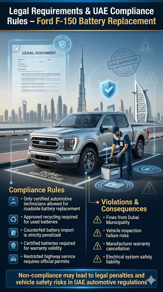 Ford F-150 battery replacement legal compliance infographic showing UAE regulations, certified technician requirement, battery disposal rules, and violation penalties in Dubai automotive industry.