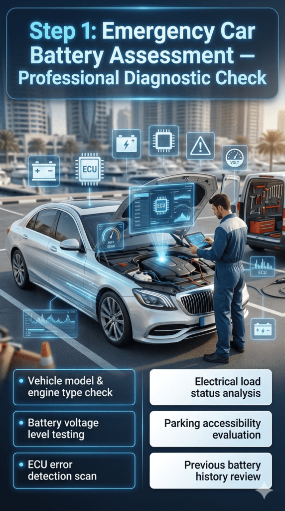 Professional technician performing emergency car battery assessment on a luxury vehicle using digital diagnostic tools, showing ECU scan, voltage check, and system evaluation in a modern roadside service environment.