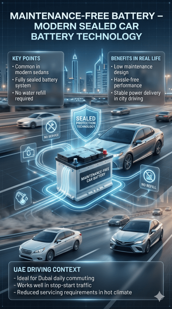 Maintenance-free car battery infographic showing sealed battery technology used in modern sedans with no water refill requirement and stable performance in Dubai driving conditions.