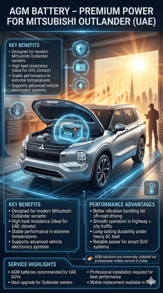 Mitsubishi Outlander AGM battery infographic showing premium high-heat resistance battery technology, advanced electronics support, and off-road vibration protection in a modern Dubai automotive workshop environment.