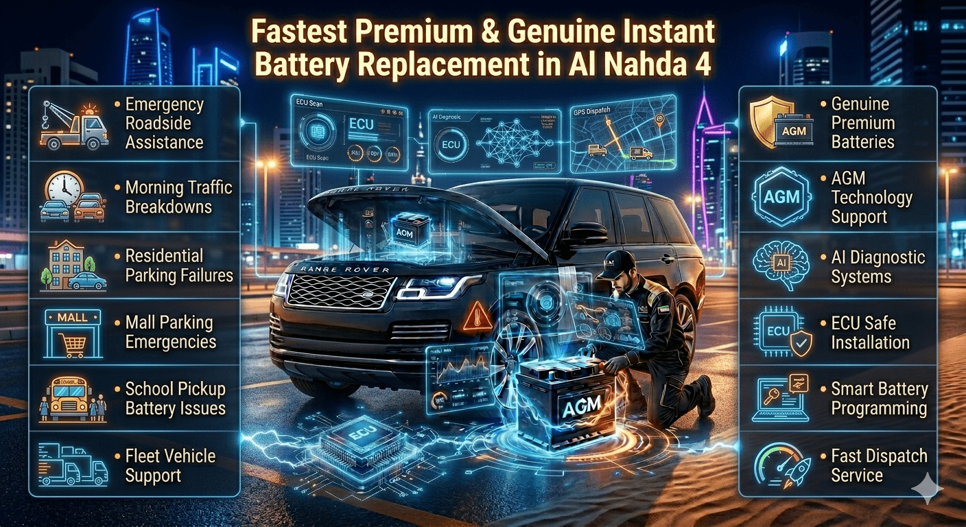 Premium infographic showing instant mobile car battery replacement in Al Nahda 4 with luxury SUV, AGM battery installation, AI diagnostics, and emergency roadside assistance in UAE.