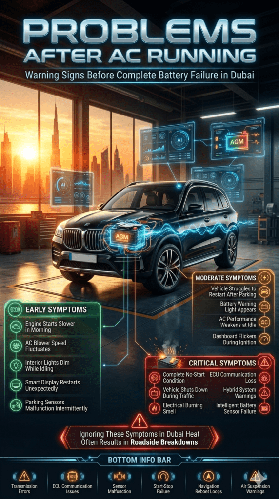 Premium Dubai automotive infographic showing warning signs of battery problems after AC running, including early symptoms, moderate symptoms, and critical battery failure indicators in luxury vehicles.