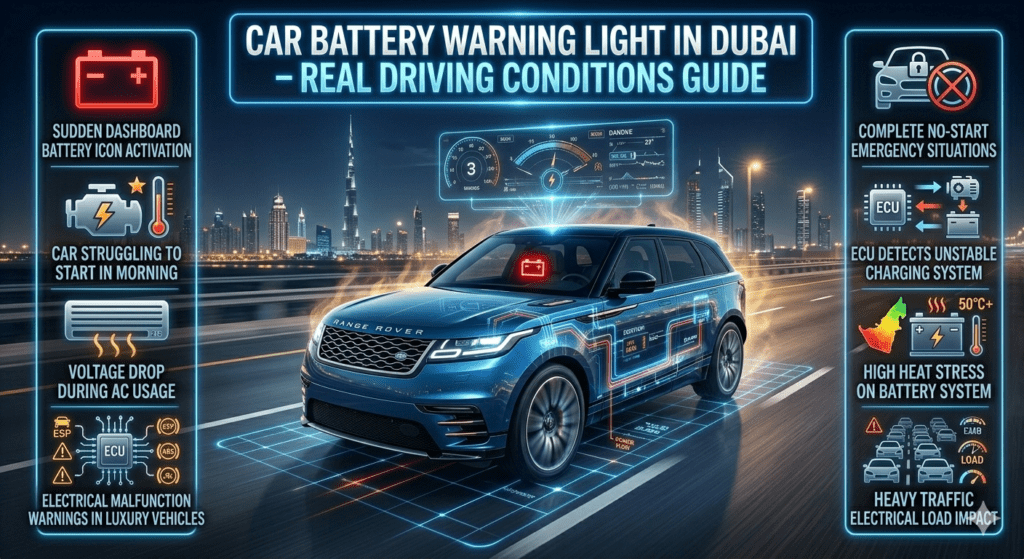 Luxury automotive infographic showing car battery warning light in Dubai driving conditions, featuring a premium car on highway with dashboard warning icon, ECU diagnostic overlay, and side panels listing warning symptoms and emergency impacts.