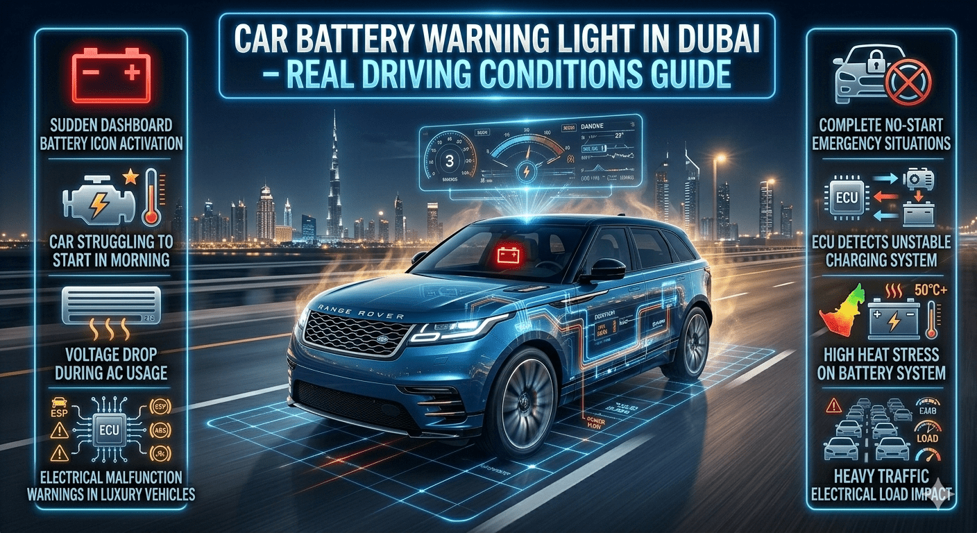 Luxury automotive infographic showing car battery warning light in Dubai driving conditions, featuring a premium car on highway with dashboard warning icon, ECU diagnostic overlay, and side panels listing warning symptoms and emergency impacts.
