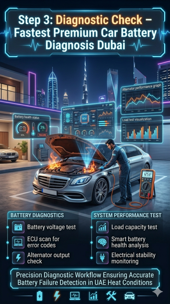 Luxury car diagnostic scene in Dubai showing technician performing battery voltage test, ECU scan, alternator check, and load capacity testing using advanced digital tools and holographic displays.
