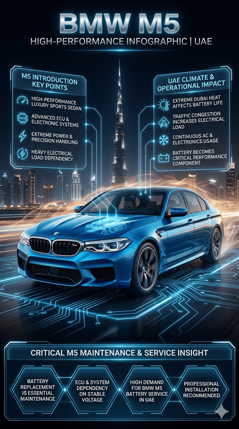 BMW M5 luxury sports sedan infographic showing high-performance battery system, UAE heat impact, and advanced electronic dependency in Dubai automotive environment.