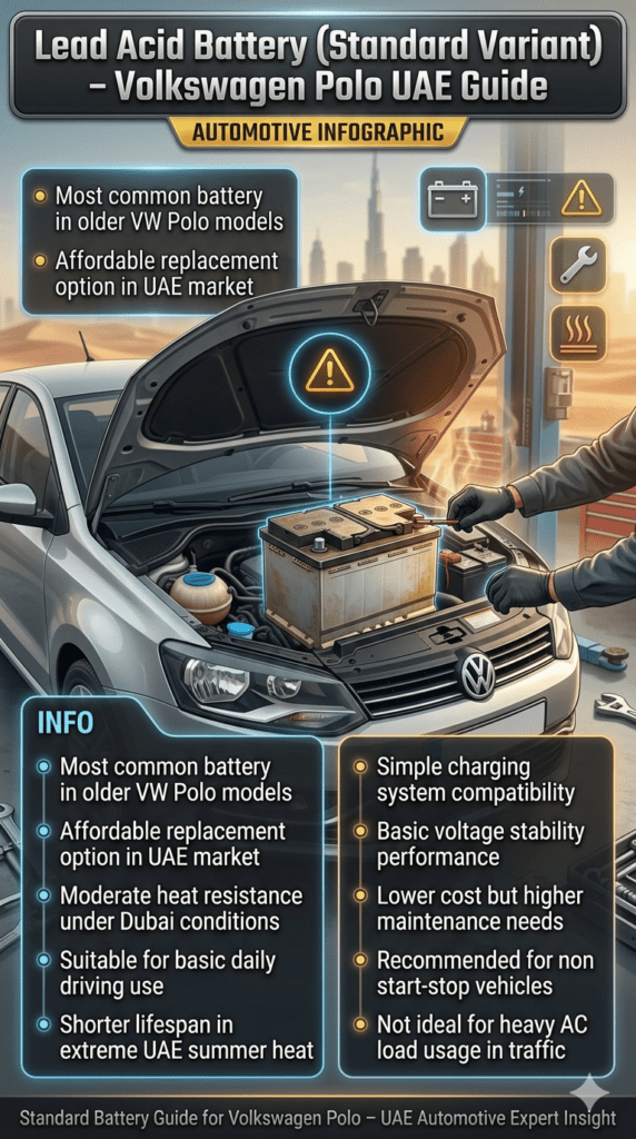 Volkswagen Polo lead acid battery guide showing standard battery installed in engine bay with UAE heat effects, side panels explaining affordability, moderate heat resistance, and usage in older Polo models.