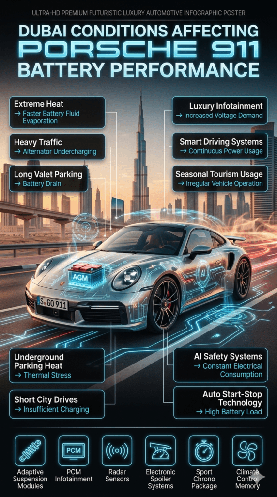 Dubai Conditions Affecting Porsche 911 Battery Performance Luxury Porsche 911 infographic showing Dubai heat, traffic, valet parking, and smart vehicle systems affecting battery performance with futuristic diagnostics and AGM battery visuals.
