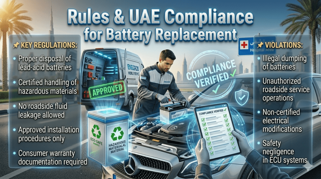 Infographic showing UAE car battery replacement compliance rules with technician handling battery safely, recycling unit, and regulatory checklist highlighting proper disposal, certified handling, and violation warnings.