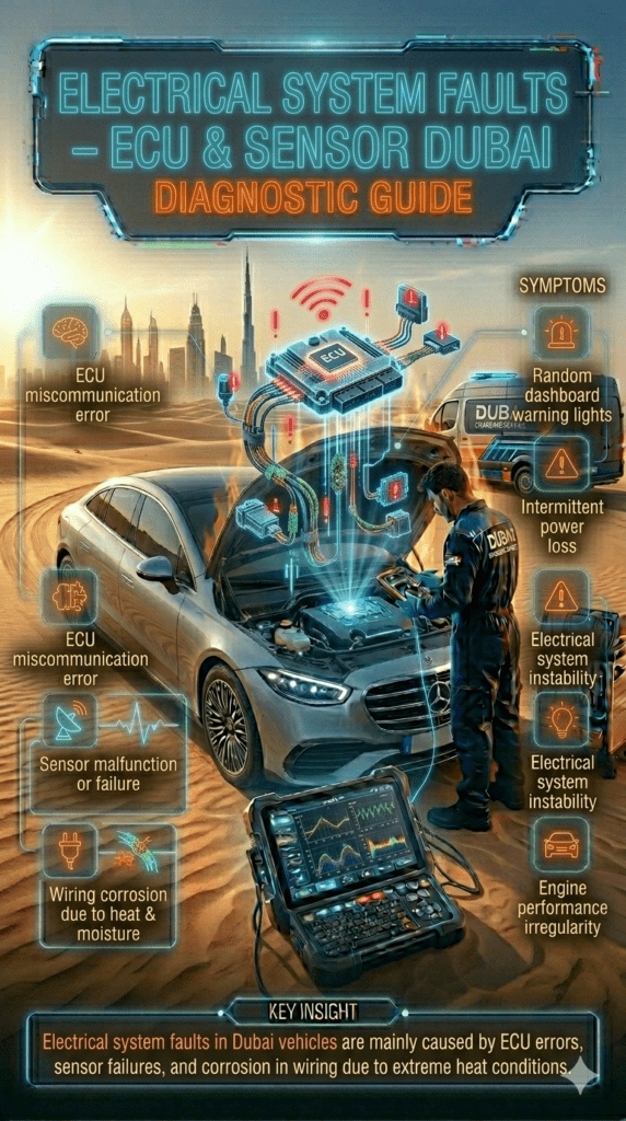 Electrical system fault diagnostic scene in Dubai showing ECU miscommunication, sensor malfunction, and wiring corrosion with mobile technician using advanced diagnostic scanner in luxury vehicle.