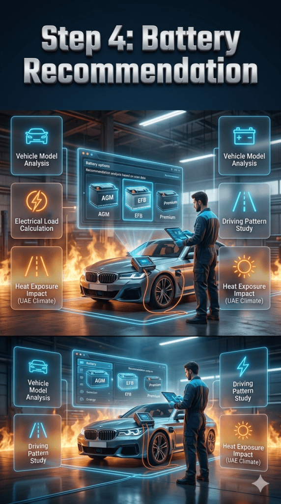 Automotive technician analyzing vehicle battery requirements using digital diagnostic tools with holographic battery recommendations based on vehicle model, driving pattern, and UAE heat conditions.