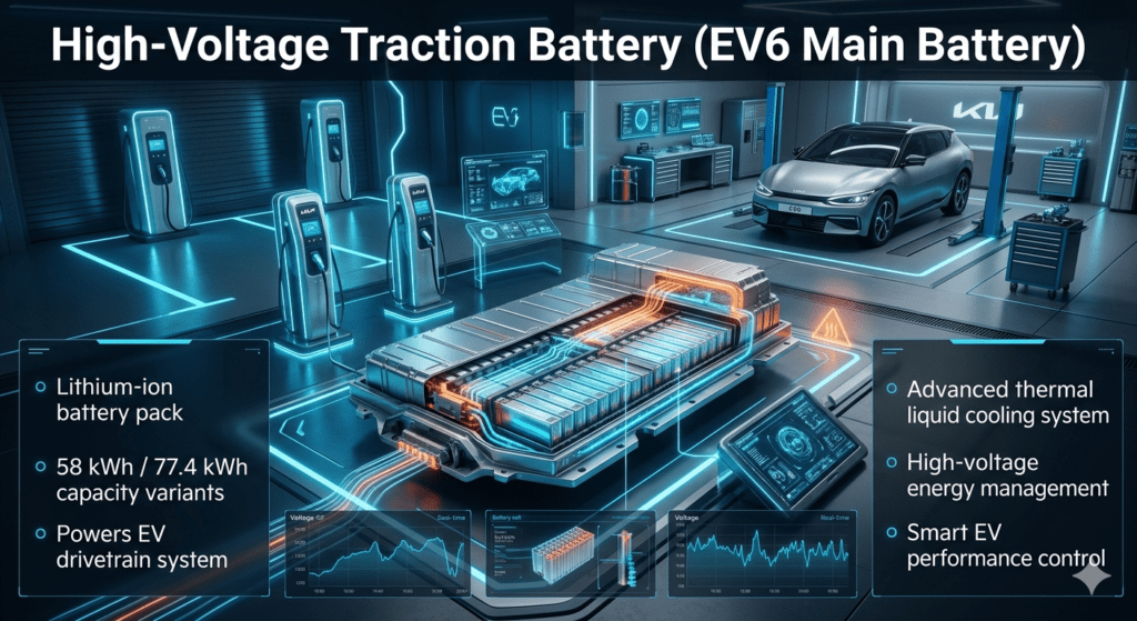 High-Voltage Traction Battery – Kia EV6 Main EV Battery UAE Guide Kia EV6 high-voltage traction battery infographic showing lithium-ion pack, 58 kWh and 77.4 kWh variants, and thermal cooling system in UAE EV guide.