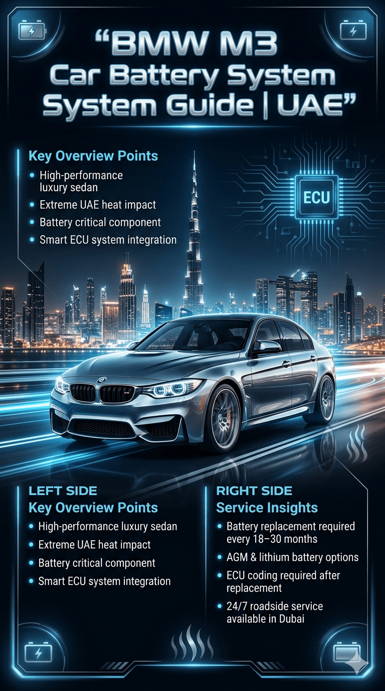BMW M3 luxury sports sedan infographic showing car battery system guide for UAE with Dubai skyline background, technical points on sides, and futuristic automotive design layout.