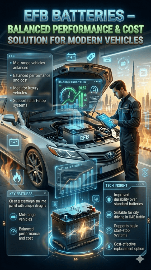 EFB Batteries – Balanced Performance & Cost Solution for Mid-Range Vehicles in UAE EFB battery infographic showing mid-range vehicle compatibility, balanced performance and cost efficiency in Dubai automotive workshop with modern energy flow visualization.